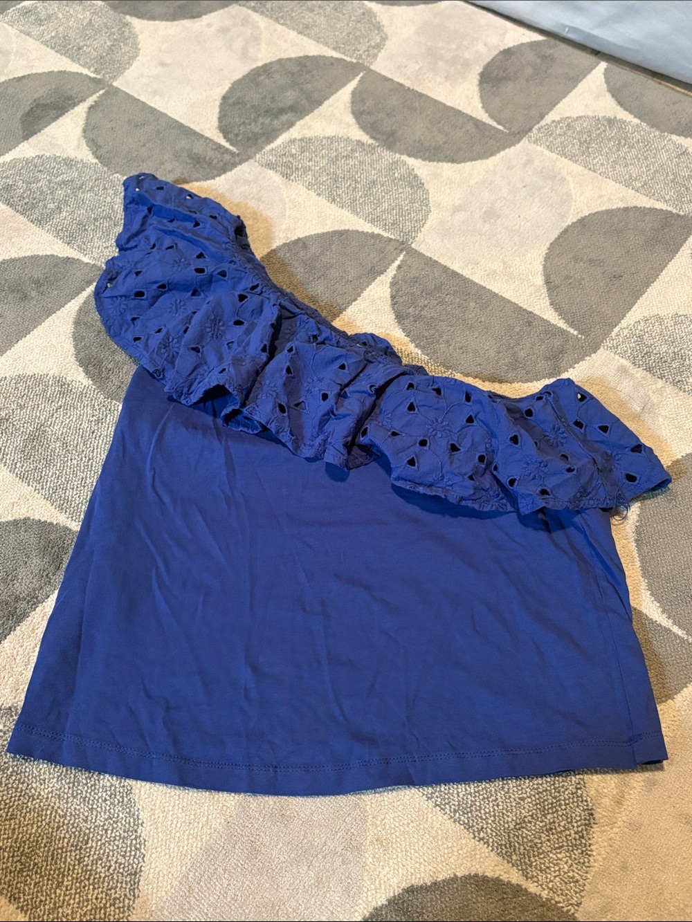Mango Royal Blue One-Shoulder Eyelet Ruffle Crop Top